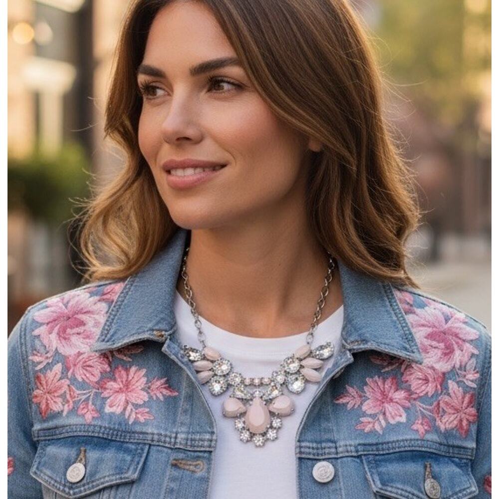 J. Crew Crystals Pink Petals Bling Necklace Statement Bib Boom! retired